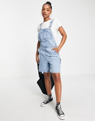 Weekday dusty longline short dungarees in light blue | ASOS