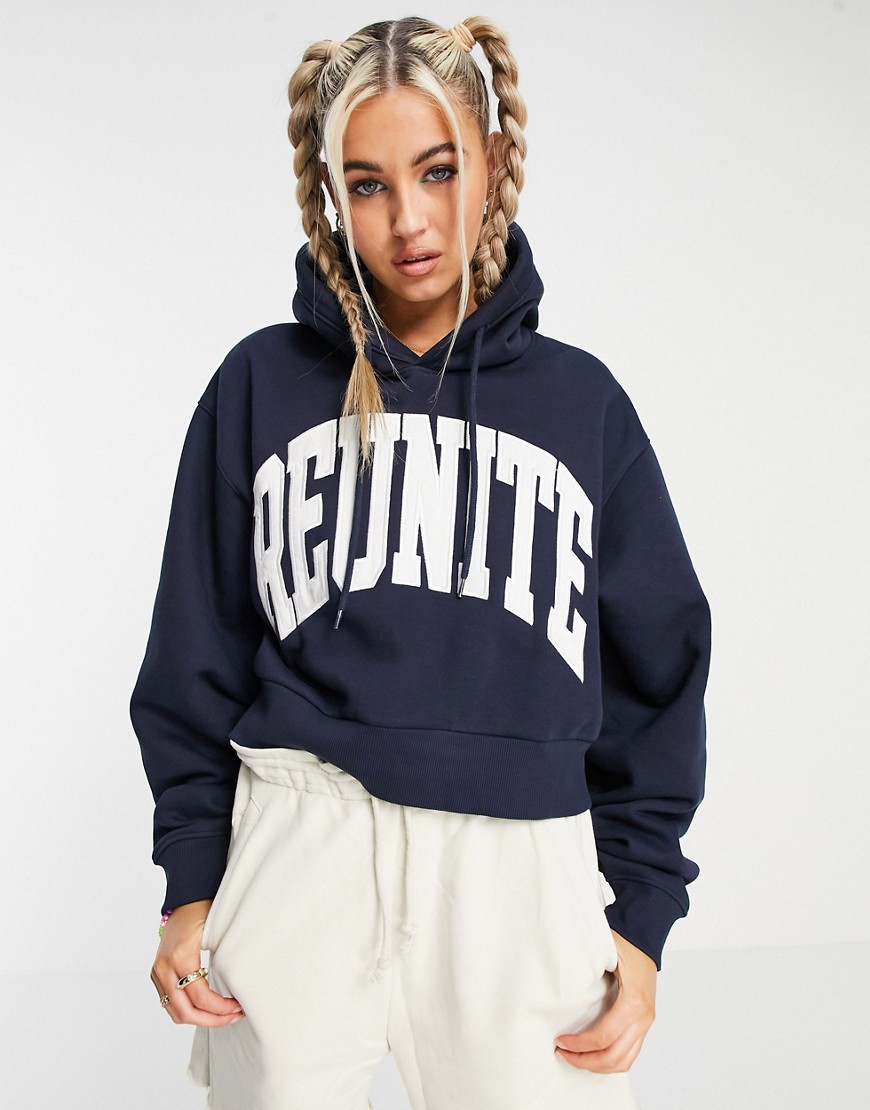 Weekday Easy organic cotton blend hoodie with slogan front in navy