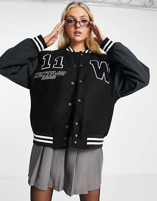 Women Weekday Easy recycled polyester college varsity jacket in black 