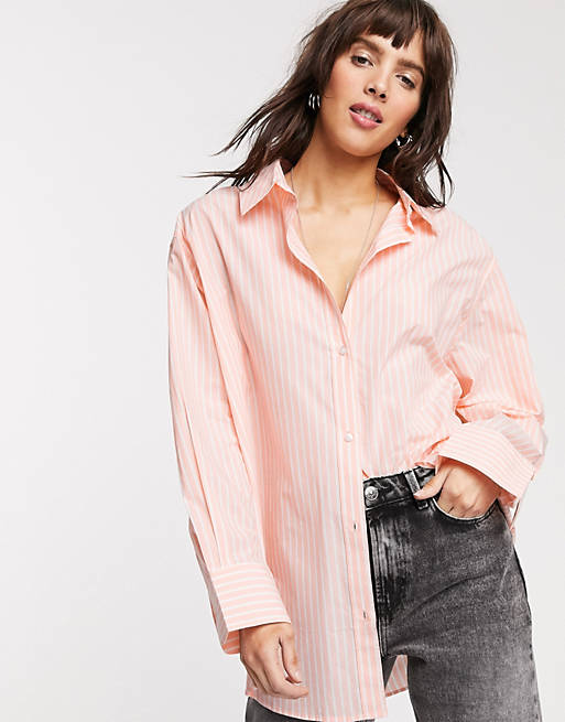 Weekday Edyn organic cotton poplin shirt in pink and white stripe