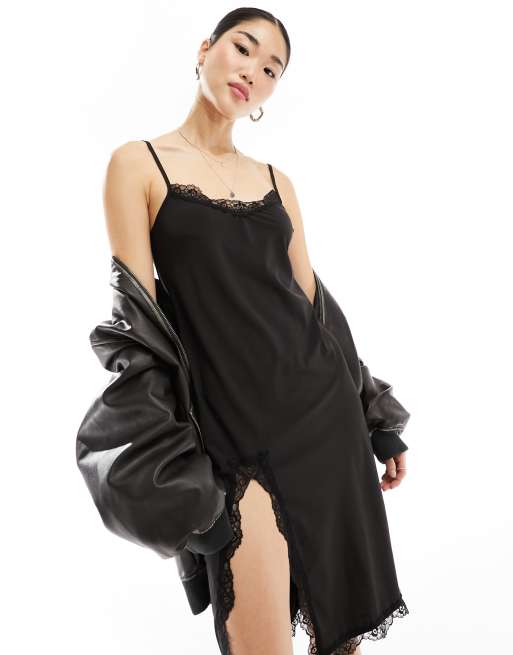 Weekday - Effy - Vestito sottoveste midi nero con dettagli in pizzo e spacco laterale