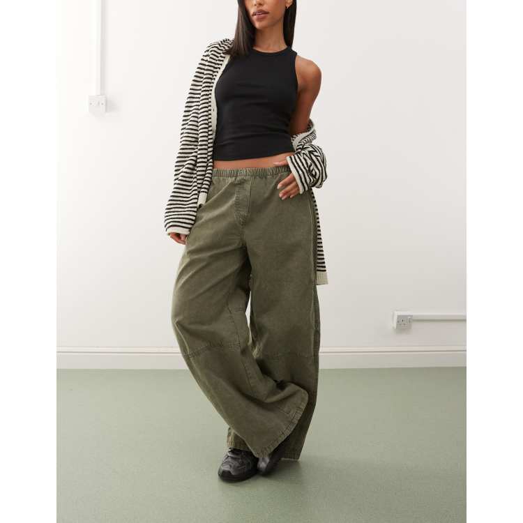 Weekday elastic waist super wide leg pants in washed khaki | ASOS