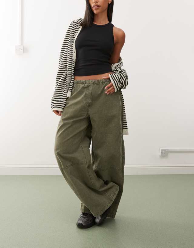 Weekday elastic waist super wide leg pants in washed khaki | ASOS