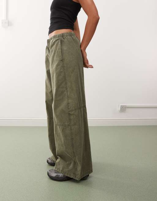Weekday elastic waist super wide leg pants in washed khaki