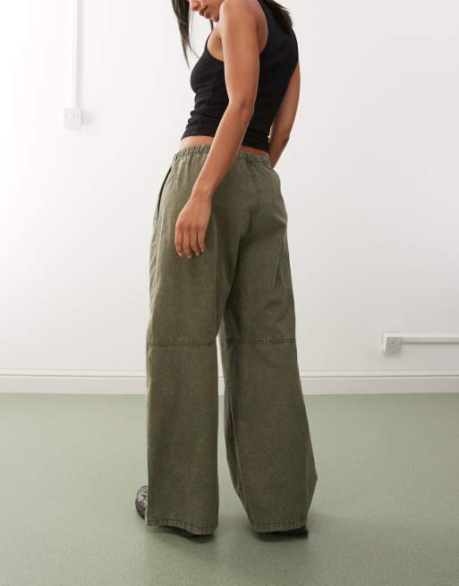 Weekday elastic waist super wide leg pants in washed khaki