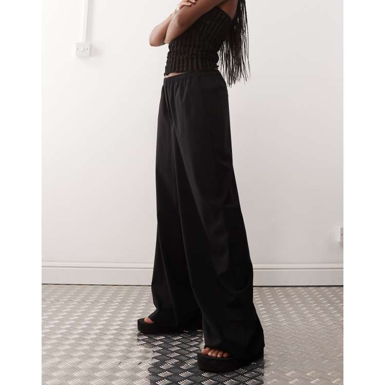 パンツ Weekday velour wide slacks Weekday elastic waist wide leg pants in black | ASOS