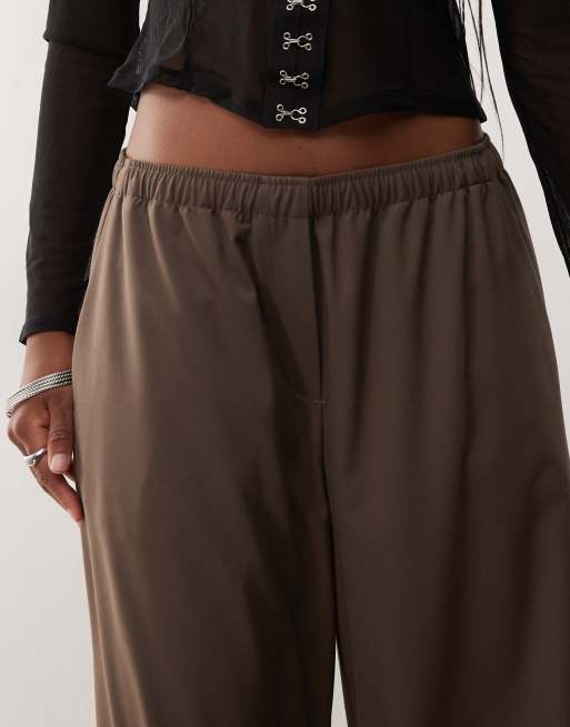 Weekday elastic waist wide leg pants in dark mole