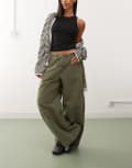[Weekday] Weekday elasticated waist super wide leg pants in washed khaki-Green M Washed khaki