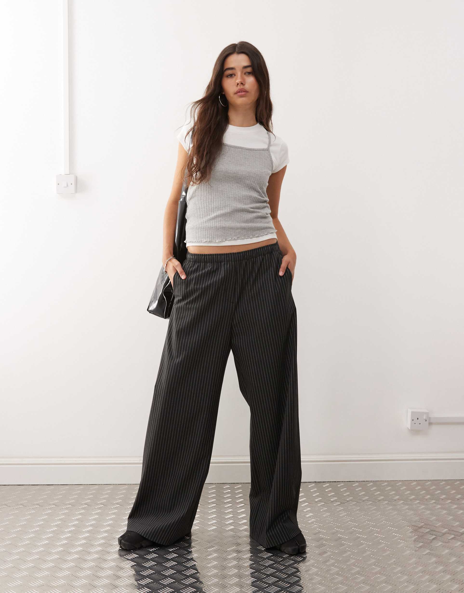 weekday elasticized waist wide leg pants in dark gray pinstripe