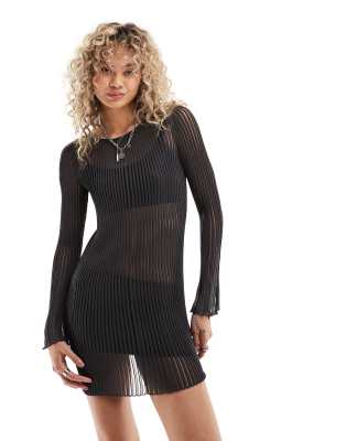 Weekday Eleana Knitted Sheer Rib Mini Dress In Off Black