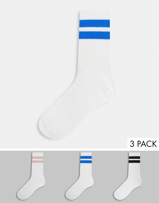 Weekday – Eleven – 3er-Pack Socken aus Baumwolle in Weiß mit verschiedenfarbigen mit Streifen - MULTI