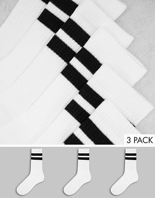 Weekday Eleven cotton 3 pack socks in white with black stripe - WHITE