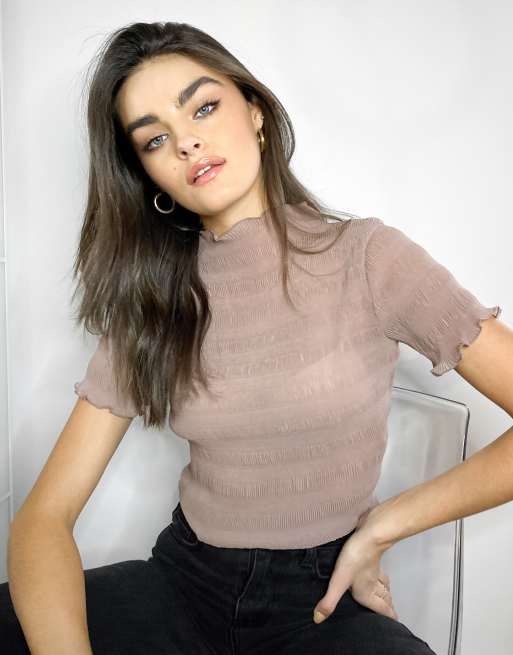 Weekday Elfrida short-sleeved high-neck smocked top in dusty pink