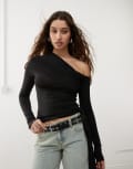 [Weekday] Weekday Eli asymmetric long sleeve top with drape tie detail in black S Black