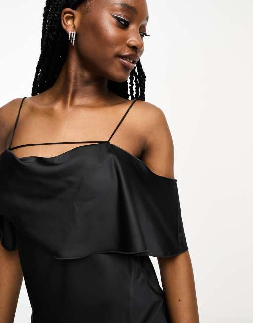 Weekday Elia off shoulder satin maxi dress in black ASOS