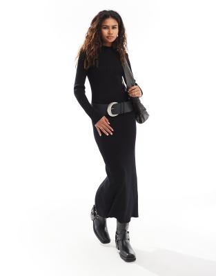 Thumbnail - Weekday - Eliette - Schmal geschnittenes, geripptes Maxi-Strickkleid in Schwarz, exklusiv bei ASOS