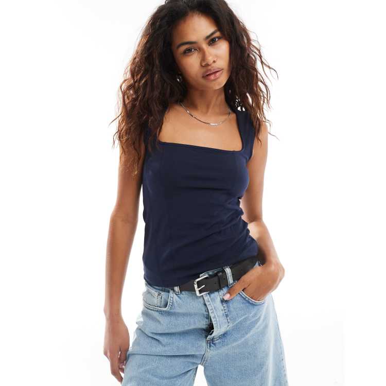 Weekday Elin square neck tank top with contour seams in navy | ASOS
