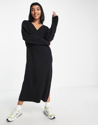 Weekday Ellen Midi Sweater Dress With V Neck Detail In Black