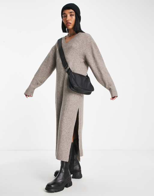 Weekday Ellen midi sweater dress with V neck detail in dusky brown