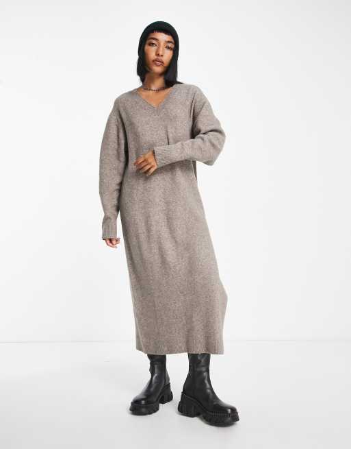 Weekday Ellen midi sweater dress with V-neck detail in dusky brown, 2 of 4
