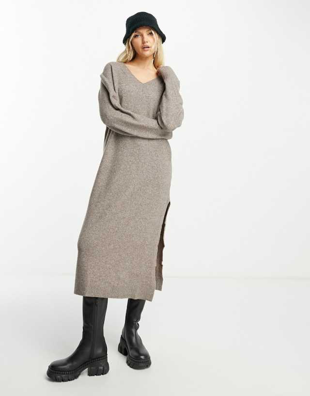 Weekday Ellen midi sweater dress with V-neck detail in dusky brown