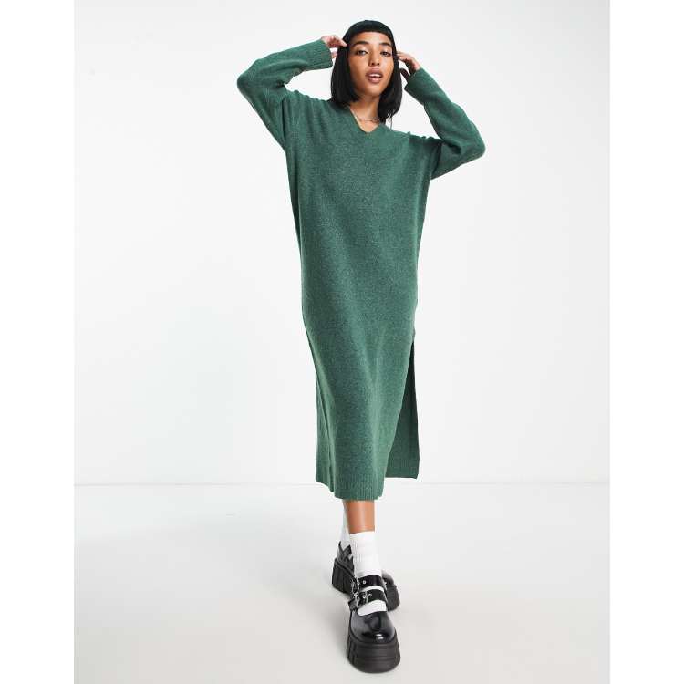 Weekday Ellen midi sweater dress with v neck detail in forest green