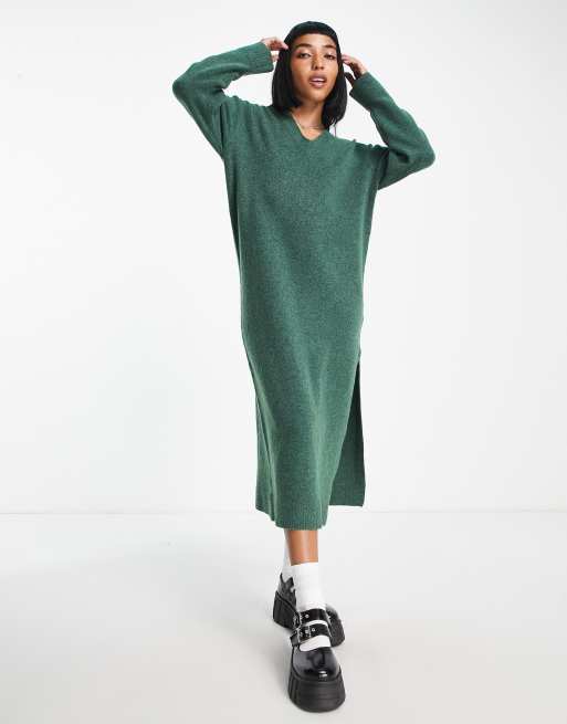 Weekday Ellen midi sweater dress with v neck detail in forest