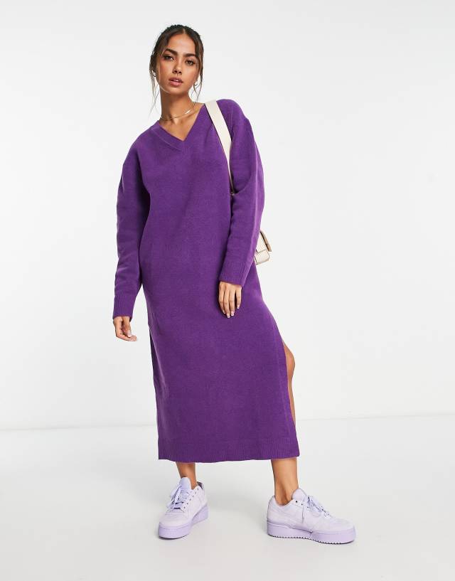 Weekday Ellen midi sweater dress with v neck detail in purple