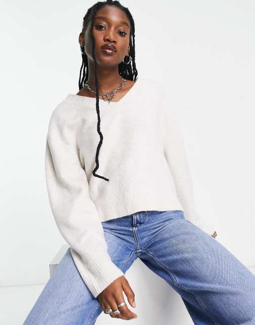 Weekday Ellen v-neck sweater in cream | ASOS