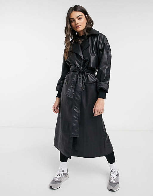 Weekday Elli faux leather trench coat in black