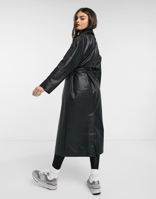 Weekday Elli faux leather trench coat in black