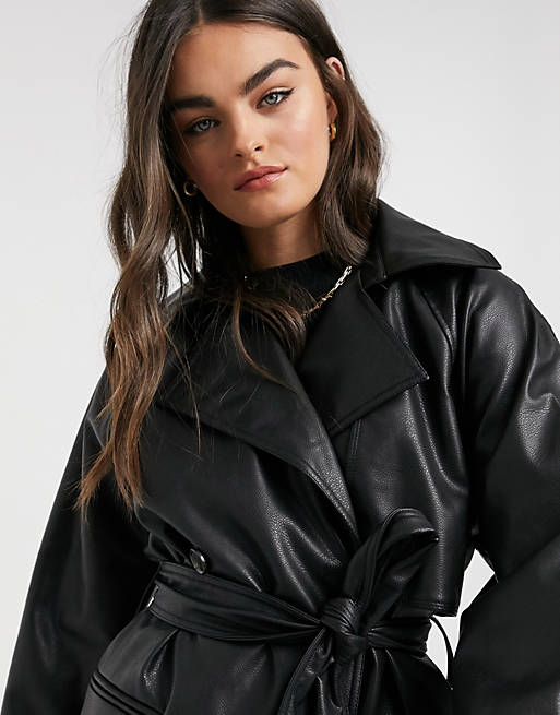 Weekday Elli faux leather trench coat in black