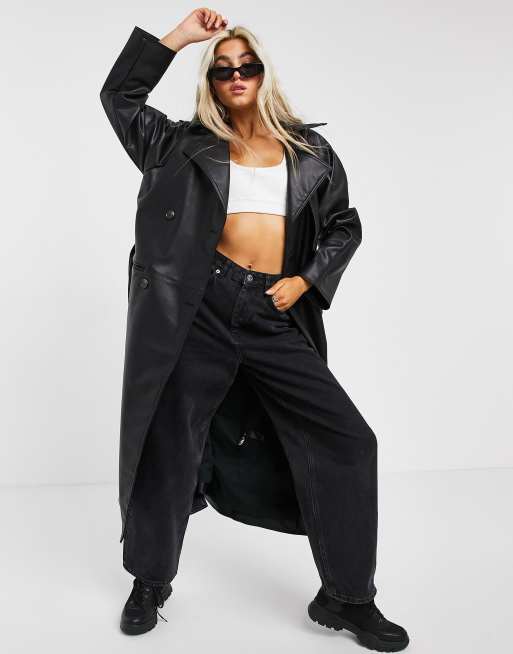 Weekday Ellinor faux leather trench coat in black | ASOS