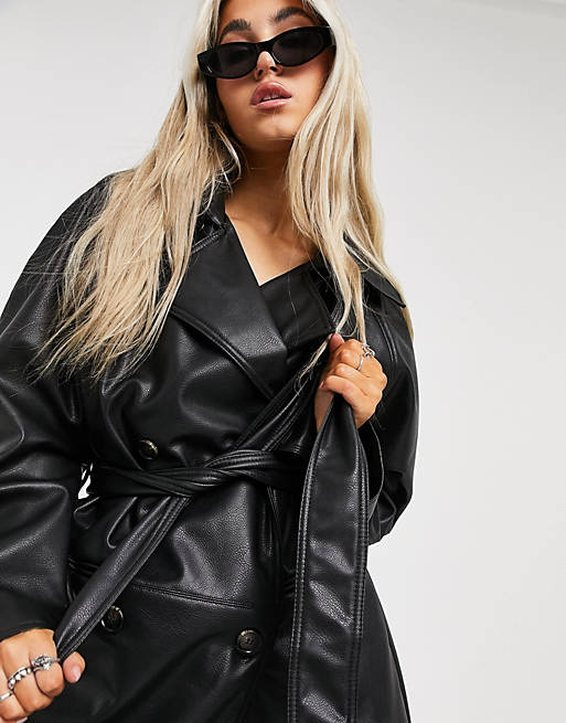 Weekday Ellinor faux leather trench coat in black