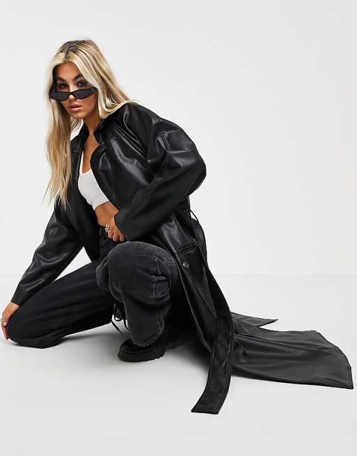 Weekday Ellinor faux leather trench coat in black | ASOS Weekday Ellinor faux leather trench coat in black | ASOS
