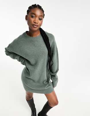 Weekday Eloise wool oversized mini jumper dress in khaki melange exclusive to ASOS-Green