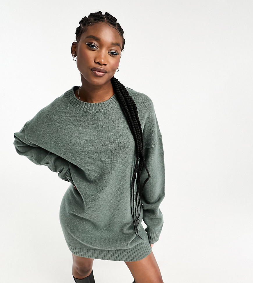 Weekday Eloise wool oversized mini jumper dress in khaki melange exclusive to ASOS-Green
