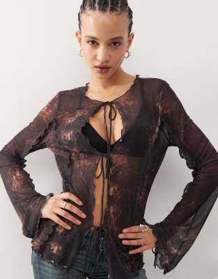 Elysia mesh tie front long sleeve top in black and burgundy texture print