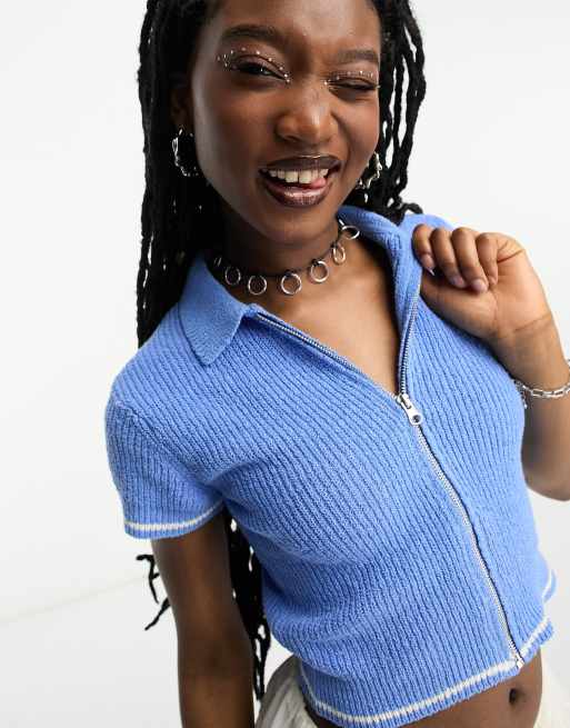 Weekday Emery knitted cropped zip through polo top in blue (part of a set)