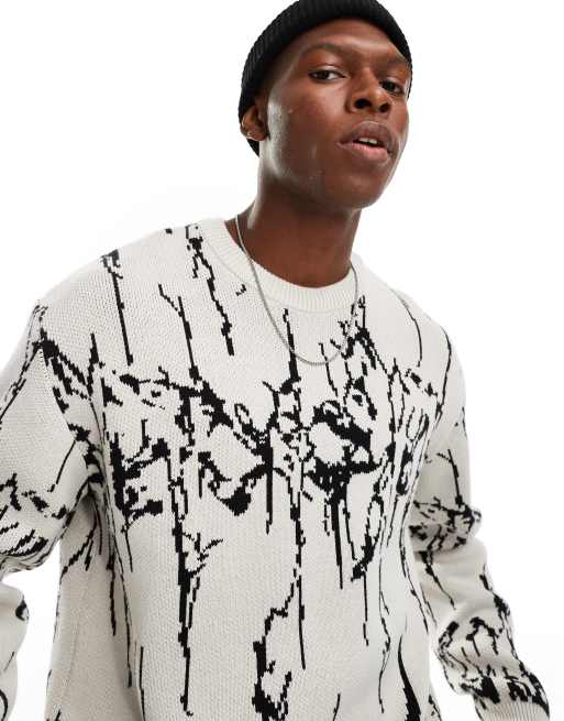 Weekday - Emilio - Maglione bianco sporco con stampa jacquard nera, 4 di 4