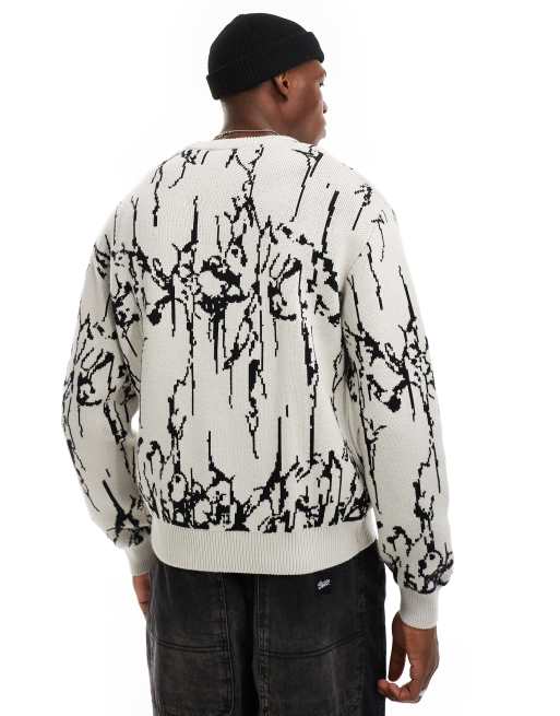 Weekday Emilio sweater with black pattern jacquard graphic in off-white, 3 of 4
