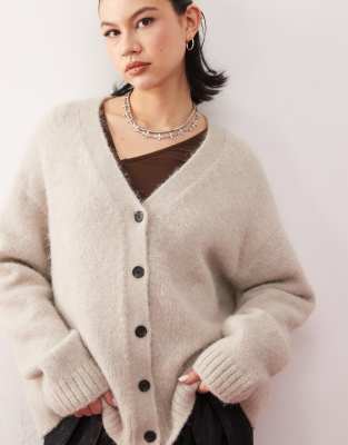 Emira fluffy knit slouchy cardigan in beige melange-Neutral