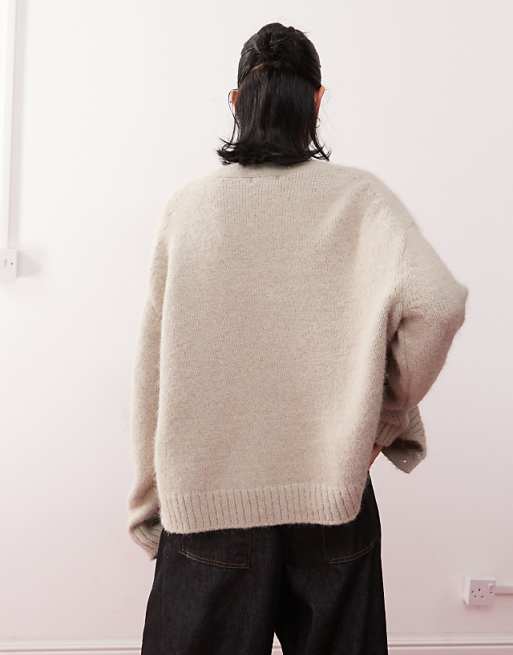 Weekday Emira fluffy knit slouchy cardigan in beige melange Weekday Emira fluffy knit slouchy cardigan in beige melange