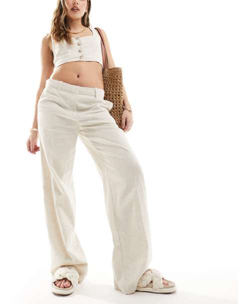 Weekday - Emmie - Broek van linnenmix met lage taille in beige - view 1