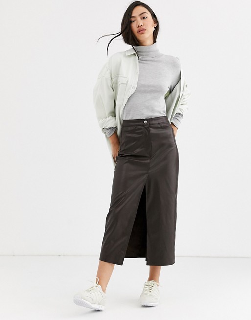 Weekday Emmie faux leather midi skirt in brown
