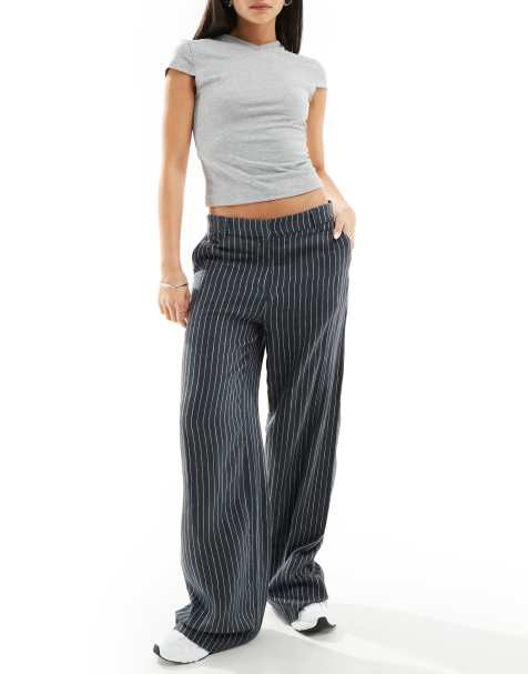 Weekday Emmie linen blend tailored trousers in grey pinstripe