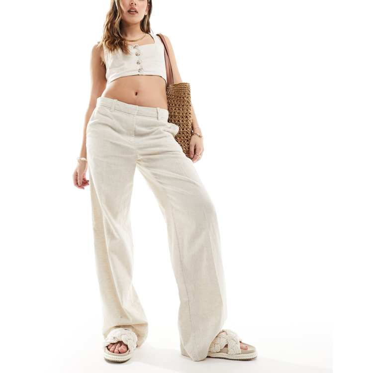 Weekday Emmie low waist linen mix pants in beige | ASOS