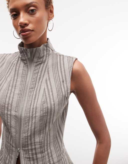 Weekday Emy stripe dyed woven top in light mole, 3 of 4