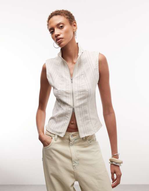 Weekday Emy stripe dyed woven top in off white, 3 of 4