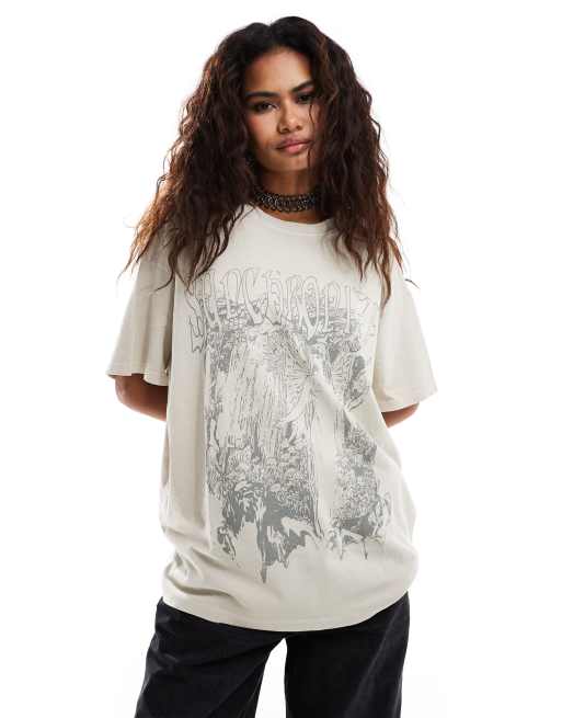Weekday - Emy - T-shirt oversize color pietra con stampa grafica con fata